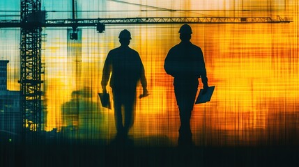 Silhouette of construction workers in the background of a tall building under construction and a towering construction crane.
