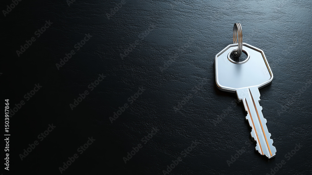 Poster shiny metal key resting on dark surface, symbolizing security and access