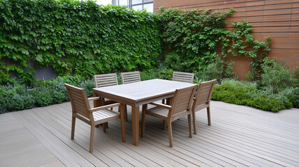 Modern outdoor garden with wooden dining table and chairs surrounded by lush greenery