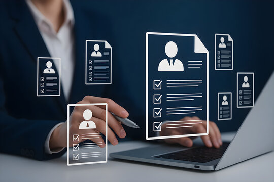 Resume screening process hr manager reviewing job applications on laptop for recruitment candidates