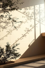 illustration in cream tones, depicting the shadow of plant branches on a wall