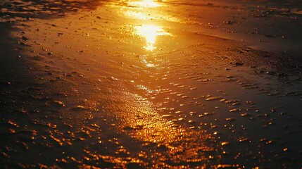 Sunset reflections in wet beach sand with no people