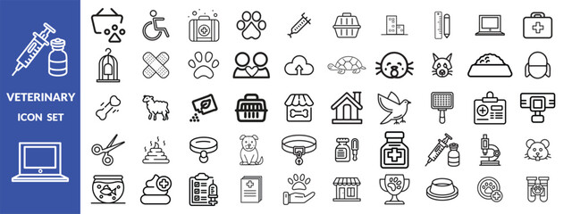 Veterinary icon set. Contains such icons as pets, medical history, health care, vet, vaccines, test, dental care, antiparasitic, diagnosis, x ray, veterinary clinic and more. Vector design.