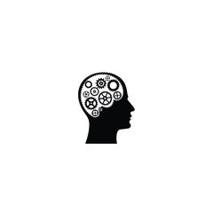 Silhouette of thinking head with gear on white background