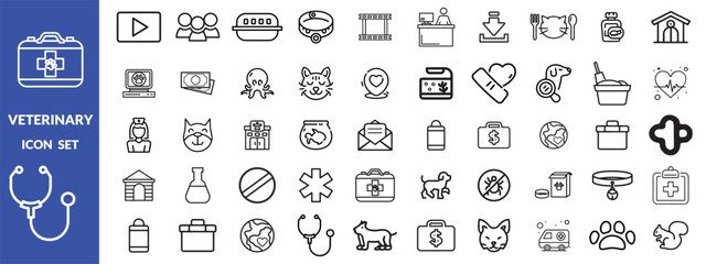 Veterinary icon set. Contains such icons as pets, medical history, health care, vet, vaccines, test, dental care, antiparasitic, diagnosis, x ray, veterinary clinic and more. Vector design.