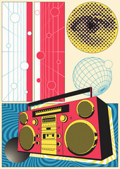 Abstract Poster 1980s Style, Vintage Cassette Stereo Recorder, Eye, Sphere, Perspective Grid, Abstract Geometric Shapes 