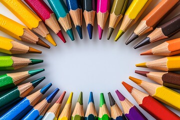 Fototapeta premium Colorful pencils arranged in a circle frame