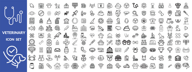 Veterinary icon set. Contains such icons as pets, medical history, health care, vet, vaccines, test, dental care, antiparasitic, diagnosis, x ray, veterinary clinic and more. Vector design.