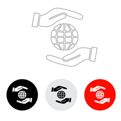 icon of two hands protecting a globe, line icon, black and white, using a round button with dark black and white and red colors