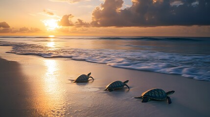 Sea turtles making their way into the ocean at dawn