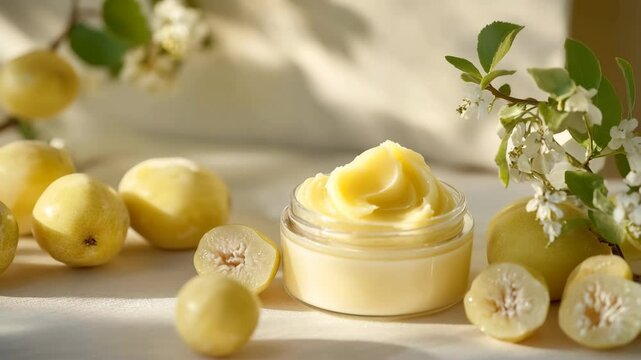 A jar of yellow cream sits on a table with a bunch of lemons. The lemons are cut in half and scattered around the jar. Concept of freshness and natural beauty