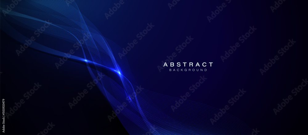 Aufkleber Dark blue abstract background with flowing light wave lines and glowing highlights