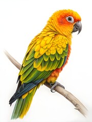 Photorealistic Image of Vibrant Parrot with Yellow, Orange, and Green Feathers on White Background