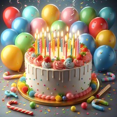 birthday cake and candles,birthday cake with candles, Colorful Birthday Party Celebration with Cake, Balloons, and Gifts – 3D Illustration , happy birthday card
