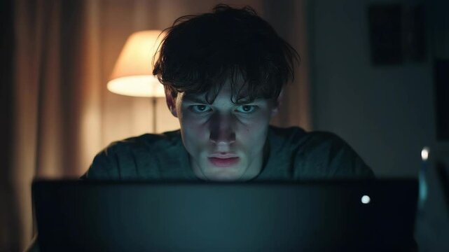 slow motion shot of tired young man staring at laptop screen at night as camera slowly pulls back, cinematic lighting and intense expression, concept of remote work stress, tech fatigue, digital life