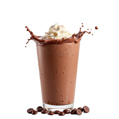Image vibrant chocolate milkshake with creamy topping and splashes, surrounded by coffee beans, refreshing and indulgent dessert.