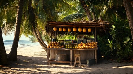 A beachside coconut stand with tropical trees around