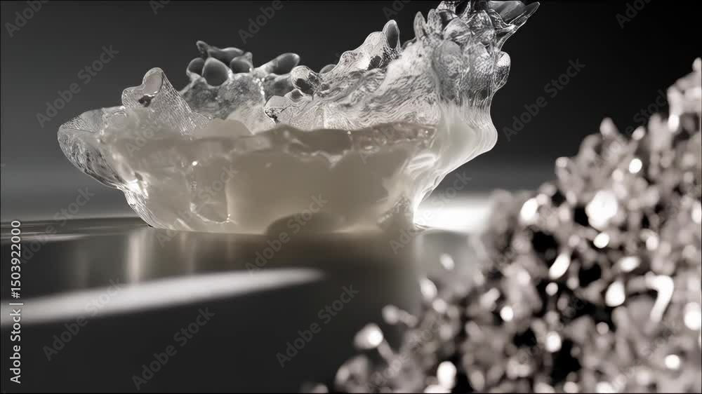 Poster abstract textured glass art object with liquid effect against a dark background creating a glossy an