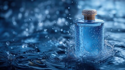 Elegant Blue Perfume Bottle in Splashing Water
