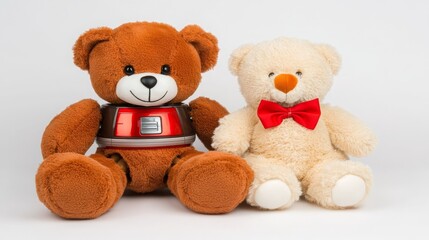 Obraz premium Two Adorable Teddy Bears Sitting Together Brown Plush Toy Robot Bear and Cream Teddy with Red Bow
