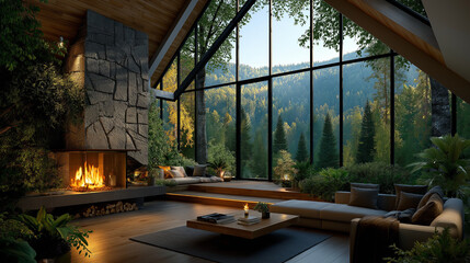 Fototapeta premium Cozy Cabin Interior: A modern cabin interior with a focus on nature and comfort. A crackling fireplace and panoramic views, bringing the outside in. The scene evokes feelings of peace and tranquility.