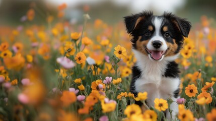 Cute Puppy Sitting in Colorful Wildflower Field
