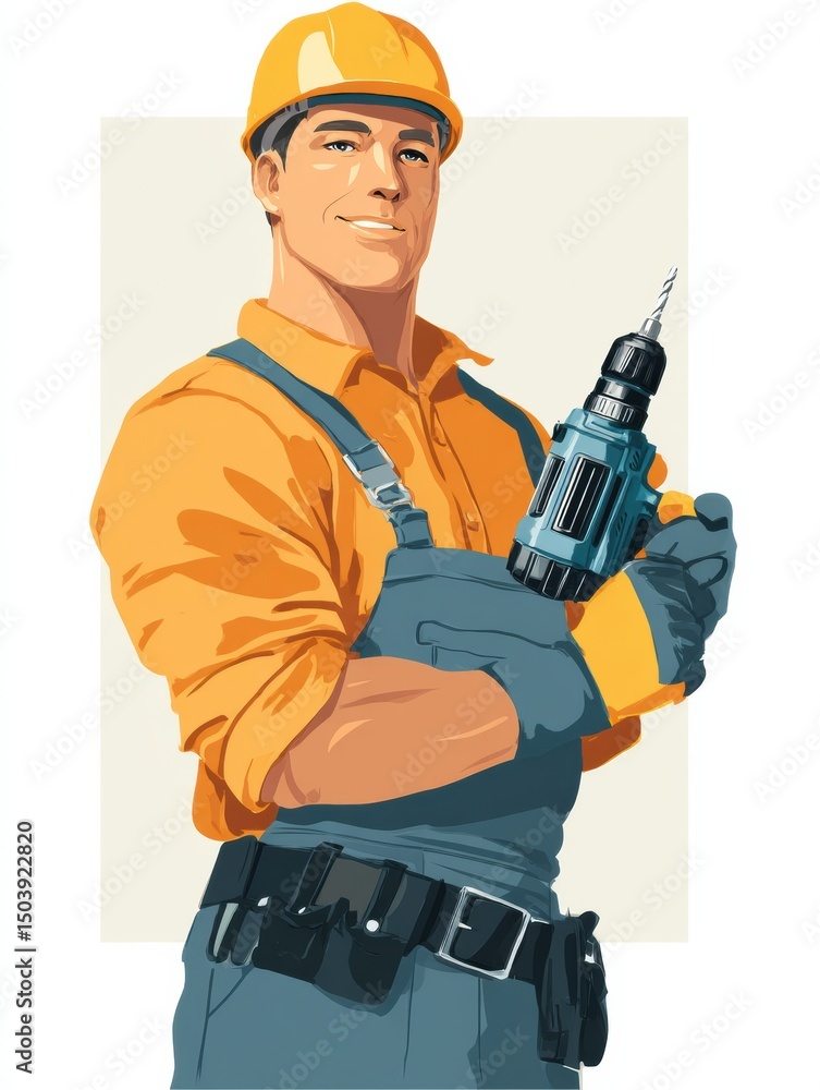 Poster worker confidently holds drill against a light background, showcasing skills and readiness for const