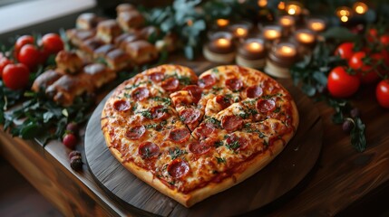 Heart-Shaped Pepperoni Pizza for Romantic Dinner Setting
