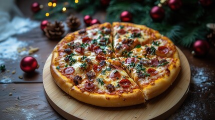 Delicious Pepperoni Pizza with Holiday Decorations
