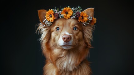 Adorable Dog Wearing Flower Crown on Dark Background
