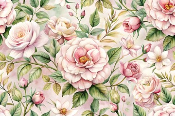Flowery background with pink flowers and green leaves