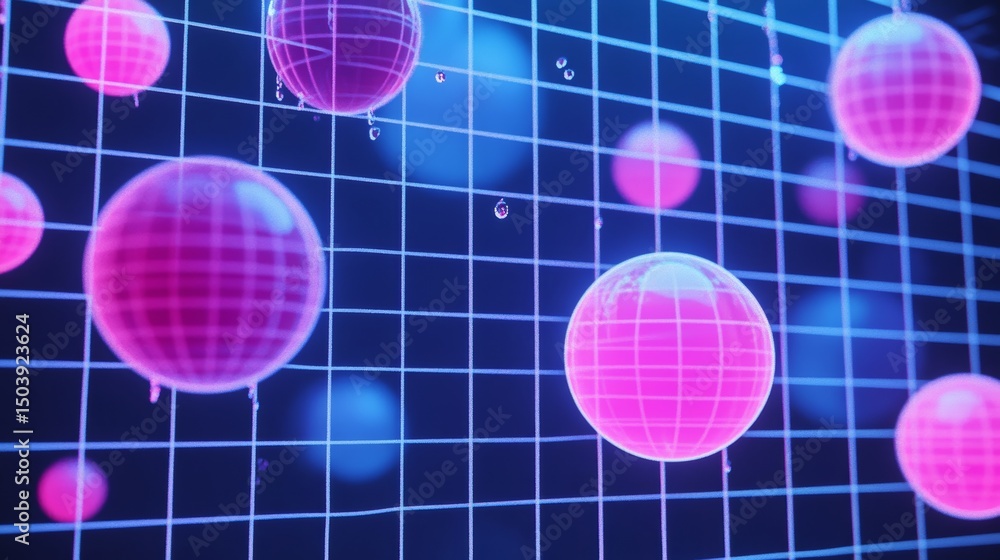 Aufkleber abstract 3d rendering of spheres floating on a grid in a dark space