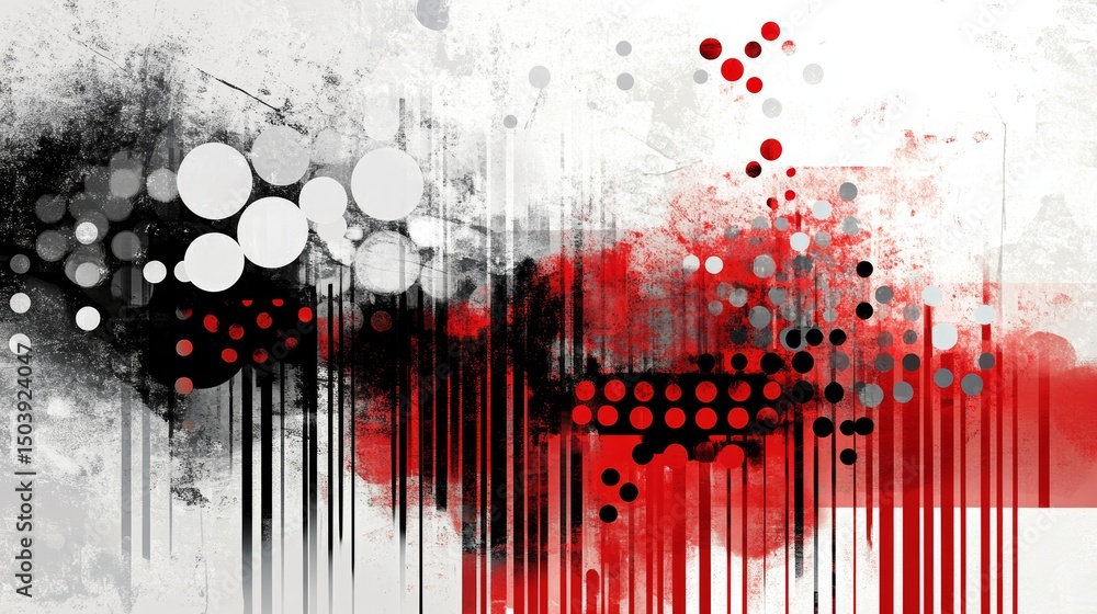 Poster abstract composition with circles and lines in a vibrant red, black and white color scheme creating 