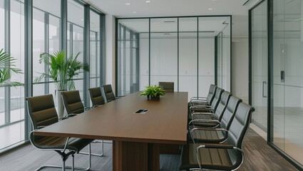 This modern conference room exudes professionalism and comfort. 