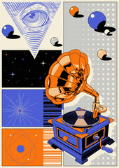 Abstract Poster with Retro Gramophone and Vinyl Record, Geometric Shapes, Space Background, 1970s Color Combination