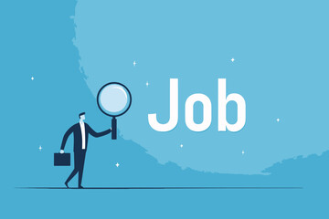 Businessman Using Magnifying Glass Searching Online for New Job, Career Opportunity, Employment, Recruitment, and Candidate Concept Vector