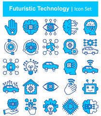 Future Technology icon set. Containing robot, artificial intelligence, innovation, smart city, robotics, humanoid, hologram, digital world, high-tech and automation. Solid vector icons collection.