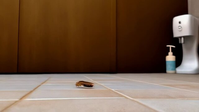 Infestation of cockroaches crawling across bathroom counter surface near a sink faucet, creating unsanitary conditions and potential health hazards