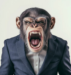 Anthropomorphic chimpanzee in corporate attire, expressing rage against corporate culture