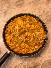 Creamy rose tteokbokki with chewy rice cakes in a rich, spicy pink sauce, blending heat and smoothness. A trendy Korean comfort food perfect for cafes, restaurants, and food promotions.