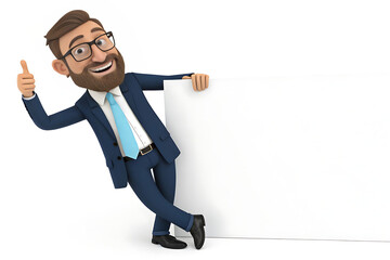 3D Cartoon Businessman with Thumbs Up and Blank Sign
