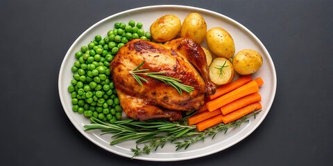 Roasted chicken dinner with roasted potatoes peas and carrots