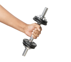 Man holding a dumbbell on white background.