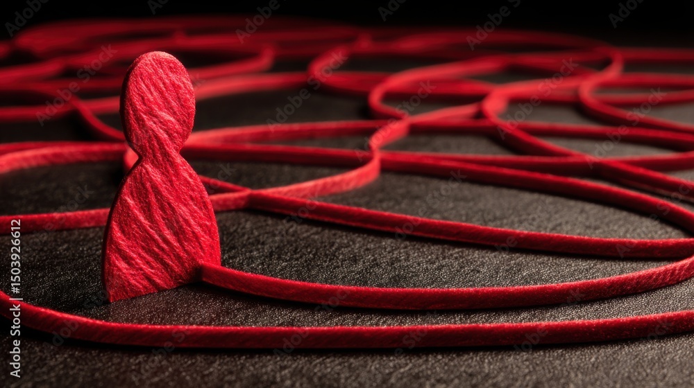 Poster an intricate red string representing the agile leadership model with looping paths and conceptual co