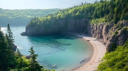 Calm cove beach surrounded by forested cliffs