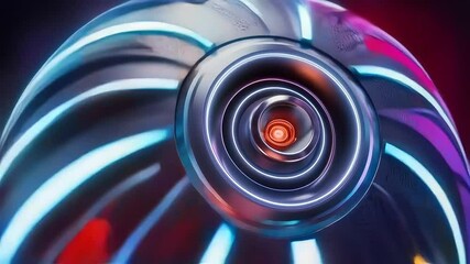 Shiny futuristic metallic sphere with a central lens rotates reflecting vibrant shifting lights - Powered by Adobe