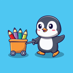 Adorable Penguin Cartoon Illustration Pushing a Colorful Pencil Cart