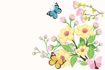 Beautiful spring theme background of fresh flowers and colorful butterflies design illustration