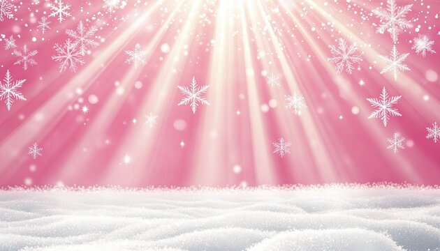 Festive pink snowy scene with glowing sun rays bursting through falling snowflakes above a fluffy snow-covered ground creating a magical winter wonderland