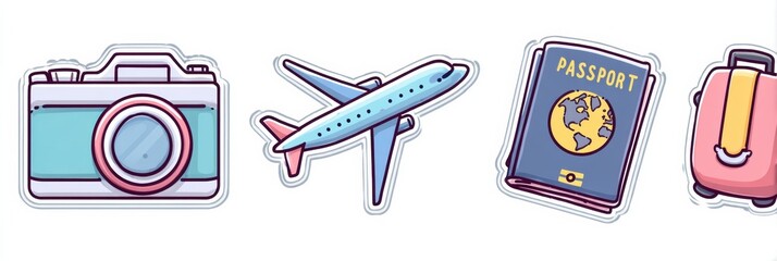 Fototapeta na wymiar Travel Icon Stickers Featuring a Camera, Plane, Passport, and Suitcase in a Diagonal Layout, Perfect for Travel Enthusiasts and Planners